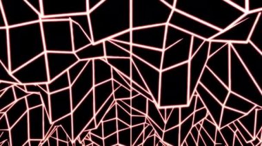 Siyah bir arkaplan üzerinde soyut hareketli dönüşümlü neon ızgarası. Tasarım. Dağlık yolun dağ siluetleriyle görselleştirilmesi