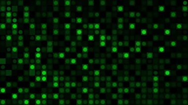 Siyah arka planda yeşil yanıp sönen daireler var. Hareket. Rastgele yanıp sönen küçük daireler ve kusursuz döngü ile piksellenmiş desen