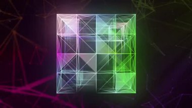 Neon arkaplan. Hareket.Parlak bir şebeke, soyutlama ve farklı açılardan ışıldayan çeşitli beyaz desenler yaratıyor. Yüksek kalite 4k görüntü