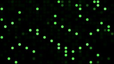 Siyah arka planda yeşil yanıp sönen daireler var. Hareket. Rastgele yanıp sönen küçük daireler ve kusursuz döngü ile piksellenmiş desen