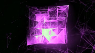Parlayan çizgilerden oluşan dijital pleksus ve neon mor noktalar. Hareket. Ağ veya bağlantı kavramı