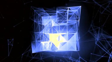 Parlak neon kare. Hareket. Canlandırmada farklı renklerde dönen ve parlayan büyük bir geometrik figür. Yüksek kalite 4k görüntü