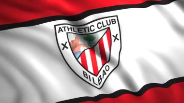3D bayraklı futbol kulübü logosu. Hareket. Futbol kulübü logosu ve bayrak sallayan spor geçmişi. İspanyol futbol kulübü Athletic Bilbao 'nun logosu.