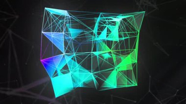 Üç boyutlu küp siluetini dar çizgi ve noktalardan dönüştürüyorum. Hareket. Renkli bir arkaplanda soyut geometrik pleksus figürü