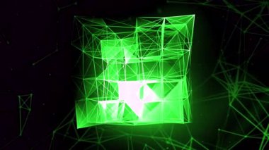 Geometrik çizgilerin 3 boyutlu küpü. Hareket. Kaotik geometrik çizgilerin holografik küpü. Çizgiler ve üçgenler küp içine bağlıdır.