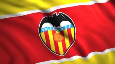 3D bayraklı futbol kulübü logosu. Hareket. Futbol kulübü logosu ve bayrak sallayan spor geçmişi. İspanyol futbol kulübü Valencia 'nın logosu.