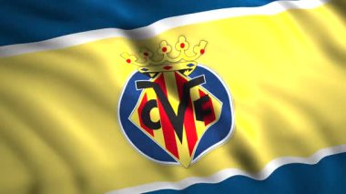 Villarreal FC futbol takımı gerçekçi bir bayrak sallıyor. Hareket. İspanya Futbol Kulübü logosu. Sadece yazı işleri için.