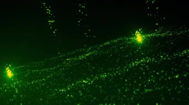 Benzersiz noktalar ve uçan kuyrukluyıldızlarla soyut yeşil parlak fütüristik dijital alan. Hareket. Küçük parçacıklardan oluşan koyu yeşil dalgalı yüzey