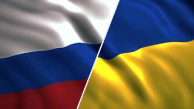 Soyut Rus ve Ukrayna bayrakları arka planda sallanıyor. Hareket. Rusya ve Ukrayna 'nın ulusal bayrakları
