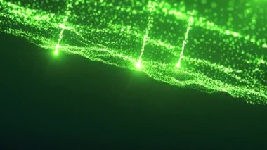 Parlak parçacıkların olduğu yeşil akım. Hareket. Parlayan parçacıkların büyülü yeşil akışı. Bitki parçacıklarının sihirli akışı. Dalgalı dereden parlayan noktalar yükselir.
