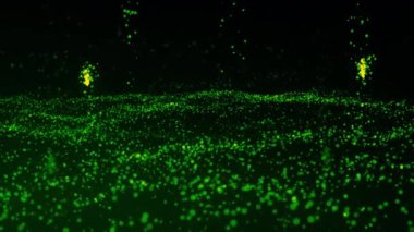 Benzersiz noktalar ve uçan kuyrukluyıldızlarla soyut yeşil parlak fütüristik dijital alan. Hareket. Küçük parçacıklardan oluşan koyu yeşil dalgalı yüzey