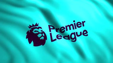 Premier Lig 'in hareketli bayrağının animasyonu. Hareket. Premier Lig futbolunun 3 boyutlu güzel bayrağı. İngiliz Premier Futbol Ligi amblemi taşıyan bayrak.