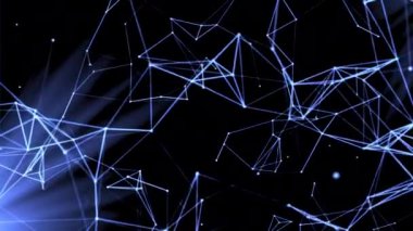 Mavi ve kırmızı arka plan. Hareket. Üzerinde molekül ve dalların bulunduğu çeşitli parçaların arka planda hareket ettiği ve döndüğü parlak bir arka plan. Yüksek kalite 4k