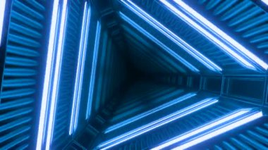 Soyut mavi üçgen tünel neon mavisi, dikişsiz döngü. Tasarım. Dönen sonsuz koridorda uçarak