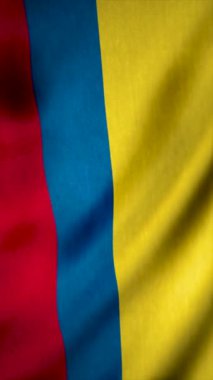 Ermenistan 'ın 3D bayrağı rüzgarda dalgalanıyor. Medya. Sarı, mavi ve kırmızı renklerin renkli bayrağı. Dikey video