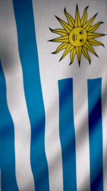 Uruguay bayrağı sallıyor, gerçekçi bayrak desenli. Medya. Güneşle çizilmiş güzel renkli çizgiler. Dikey video