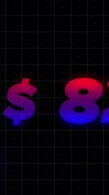Parlak bir grafik. Hareket. Düşen döviz kurunun sayılarla gösterildiği parlak neon animasyonlu grafikler. Yüksek kalite 4k görüntü