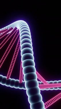 DNA 'lı güzel hareketli spiral. Tasarım. Parlak çizgiler ve noktalarla dönen üç boyutlu spiral. Neon DNA Kartı Sarmalı.