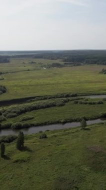 Yeşil manzaranın kuş bakışı görüntüsü. Stok görüntüleri. Yeşil tarlalarda ve ormanlarda güzel bir manzara ve kıvrımlı bir nehir akıntısı ve gri bir gökyüzü görülebilir. Yüksek kalite 4k görüntü