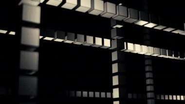 Geometrik desen, siyah arkaplanda sıra sıra küplerle. Tasarım. Karanlık uzayda tek tek dolaşan üç boyutlu figürler.