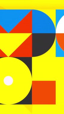 Bright yellow background with geometric moving figures, seamless loop. Motion. Square with flat moving shapes inside