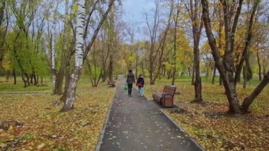 Çocuklu genç bir kadın şehir parkında yürüyor. Şarjör. Anne ve çocuk şehirdeki sonbahar parkında yürüyorlar. Anneler güzel parkta bebekle yürür.. 