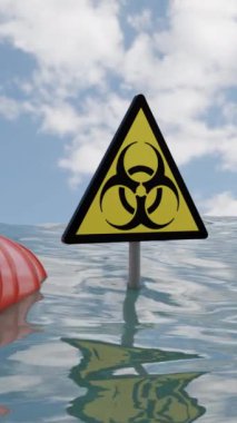 Su kirliliği ve ekoloji sorunları kavramı. Tasarım. Su yüzeyinin üstünde yakıt ve biyolojik tehlike işareti var.