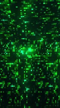 Kıvrımlı ve pırıltılı kareleri olan parlak bir arkaplan. Hareket. Neon piksellerle arka planda uzaysal bükülme. Parlak kareli siber arkaplan.