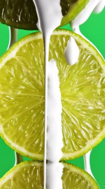 Yeşil krom anahtar arka planda izole edilmiş, zehirli beyaz sıvı boya ile kaplanmış limon meyvelerini kapatın. Borsa klipsi. Ekoloji ve gıda atıkları kavramı