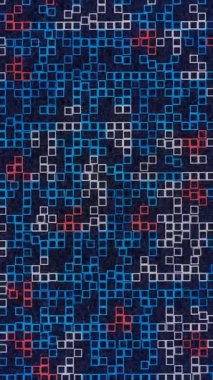 Koyu bir zemin üzerinde tahıl etkisine sahip mavi ve kırmızı mozaik hareket ediyor. Medya. Dijital ekranda titreşen küçük bir mozaik. Dikey video