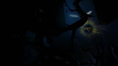 Gizemli çizgi film ormanı ve ağaçların arasındaki hayalet silueti. Sahne. Altın kuş kafeste kapana kısıldı