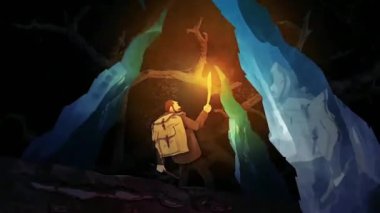 Ormandaki meşaleli cesur adamın soyut çizgi film animasyonu. Sahne. Tehlikeli ormanda engellerden geçen bir adam.