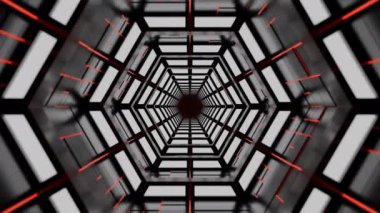 Kırmızı LED ışıkları ve geometrik desenleri olan modern, simetrik bir tünel, bir bilim kurgu atmosferi yaratıyor..