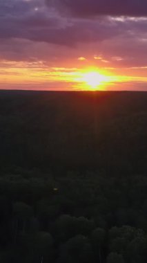 Gün batımından parlak güneş. Şarjör. Turuncu güneşin parladığı açık renkli tarlalar, pembe bulutlarla gri renkte yüzüyor. Yüksek kalite 4k görüntü