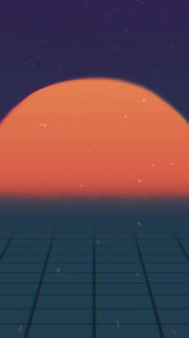 Retro futuristik Intro manzara. Neon mesh ile batan güneşin ve yıldızların üzerinde uçuş. Retro animasyon kavramı.