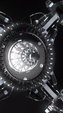 Bu video, fütüristik bir cihazın, karmaşık tasarımlarını ve gelişmiş teknolojisini vurgulayan, siyah bir arkaplana karşı büyüleyici bir 3D görüntüsünü sergiliyor.