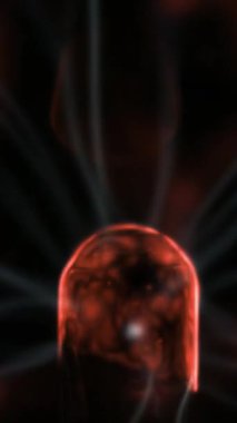 Bir plazma topu dokunmadan el. Bir plazma topu lamba enerji, güç, elektrik, bilim ve Fizik, closeup 4 k için parlak Cam Küre kavramı dokunmadan el