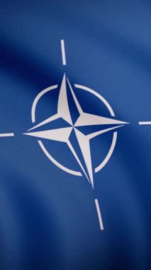 NATO bayrağı. Animasyon yakın çekim merkezi tuval beyaz simgesi olan mavi kumaş sallayarak. Beyaz dört ışın yıldız rüzgar gülü ıraksak beyaz çizgilerle ile sembol.