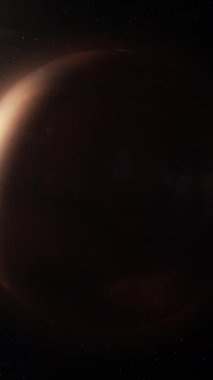 Görünüm alanı, parlayan yıldız ve yavaş yavaş sol tarafında güneş tarafından aydınlatılmış dönen gezegen gerçekçi atmosfer. Gezegenin aydınlatılmış görünümü.