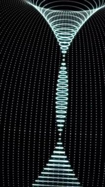 Dijital düğümlerden ve bağlantı yollarından oluşan Dijital Binary Data Plexus Funnel. Soyut girdap. Bu animasyon görsel, ışık sunumları veya hareket arkaplanı olarak kullanılabilir. Kusursuz Döngü.