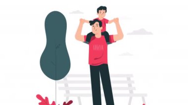 Güneşli bir günde parktaki oğluyla gülen ve oynayan şefkatli bir babanın neşeli ve renkli bir çizimi.