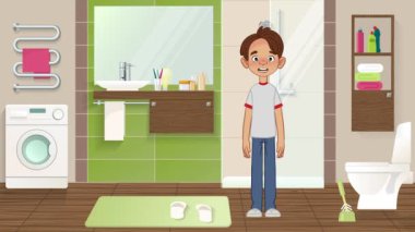 Mutlu genç bir çocuk modern bir banyoda gururla duruyor, şık tasarımı ve temizliğini sergiliyor.