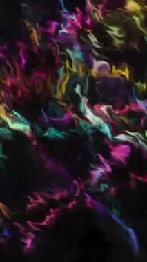 Parlak neon lekeli siyah bir arka plan. Hareket. 3D formatta yapılmış parlak noktalar hareket ve akış. Yüksek kalite 4k görüntü