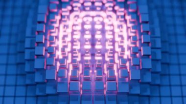 Büyüleyici bir dijital tasarım. Mavi bir ambiyans içinde güzel aydınlatılmış geometrik desenler içeriyor.