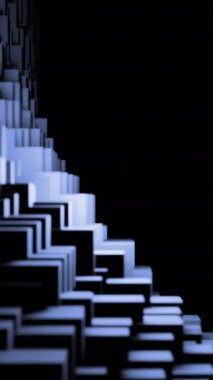 Birçok küp ve dikdörtgenden oluşan koyu mor tünelin içinde soyut uçuş. Tasarım. 3B efektli sonsuz koridor