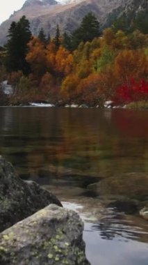 Sonbahar ormanıyla dağlarda güzel bir göl. Yaratıcı. Küçük nehri ve sonbahar ormanı olan dağ göleti. Bulutlu bir sonbahar gününde dağlık gölü olan renkli ağaçlar ve çalılar.