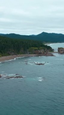 Kayalık kıyıları olan orman dağlarının güzel manzarası. Şarjör. Yeşil ormanın resimli manzarası ve dalgalar ve kayalarla dolu bir set. Kıyı dağlarının yeşil ormanlarıyla taştan kıyı