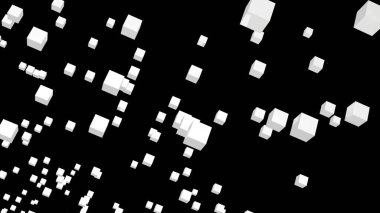 Siyah arka plan. Tasarım. Beyaz ve mavi küpler animasyonda farklı yönlere hareket ederek azalır ve artar. Yüksek kalite 4k görüntü