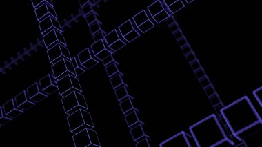 Geometrik desen, siyah arkaplanda sıra sıra küplerle. Tasarım. Karanlık uzayda tek tek dolaşan üç boyutlu figürler.