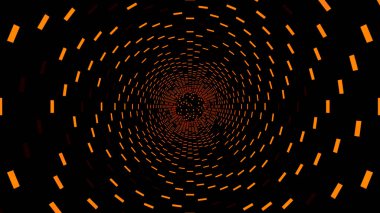 Siyah arkaplan. Görev. Soyutlamada bir tünel oluşturan turuncu ve mor ışık, karelerin duvarlarını vurguluyor ve sonunda parçacıklar parıldıyor. Yüksek kalite 4k görüntü